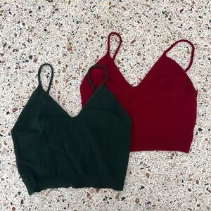 Set of Ribbed Knit Bralettes in Forest Green & Burgundy